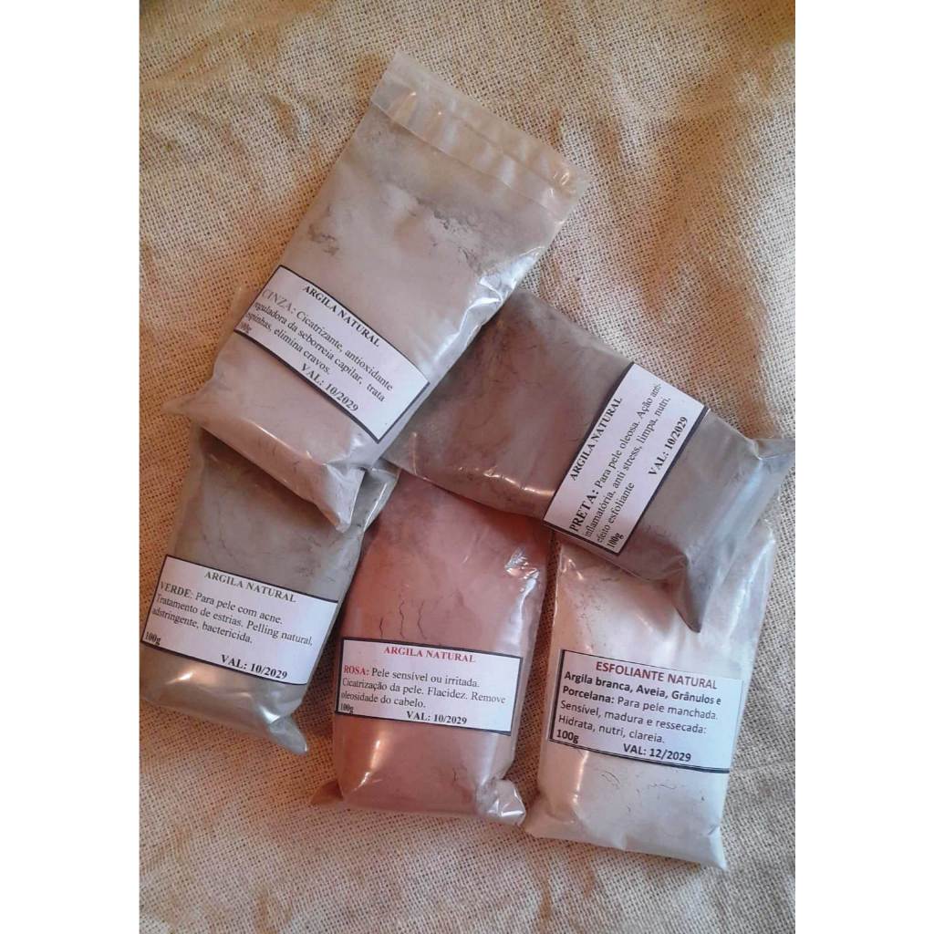 Argila Natural -. Kit com 5 argilas. Total 500g. Kit Cod ( 003 Es .Pr. VD .Cinz. RoS). em Oferta na Shopee