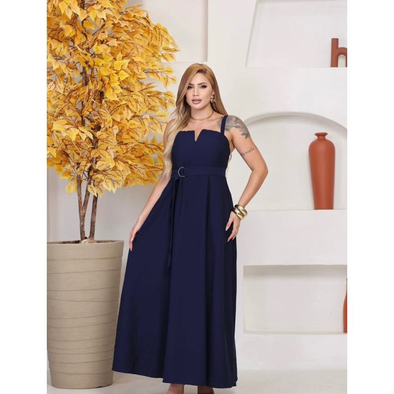 Vestido Longo Feminino Elegante Festa Acinturado com Cinto Alça Larga Azul/Marsala