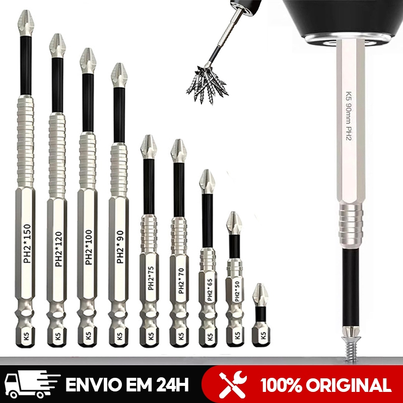Kit 9 Pontas Philips PH2 para Impacto, Imantadas e Antiderrapantes Liga S2