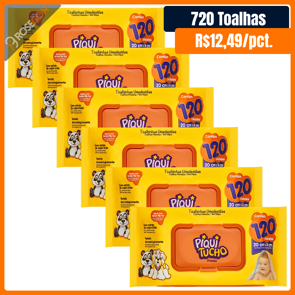 Kit com 6 Toalhas Umedecidas Piquitucho Premium com 120 unidades cada