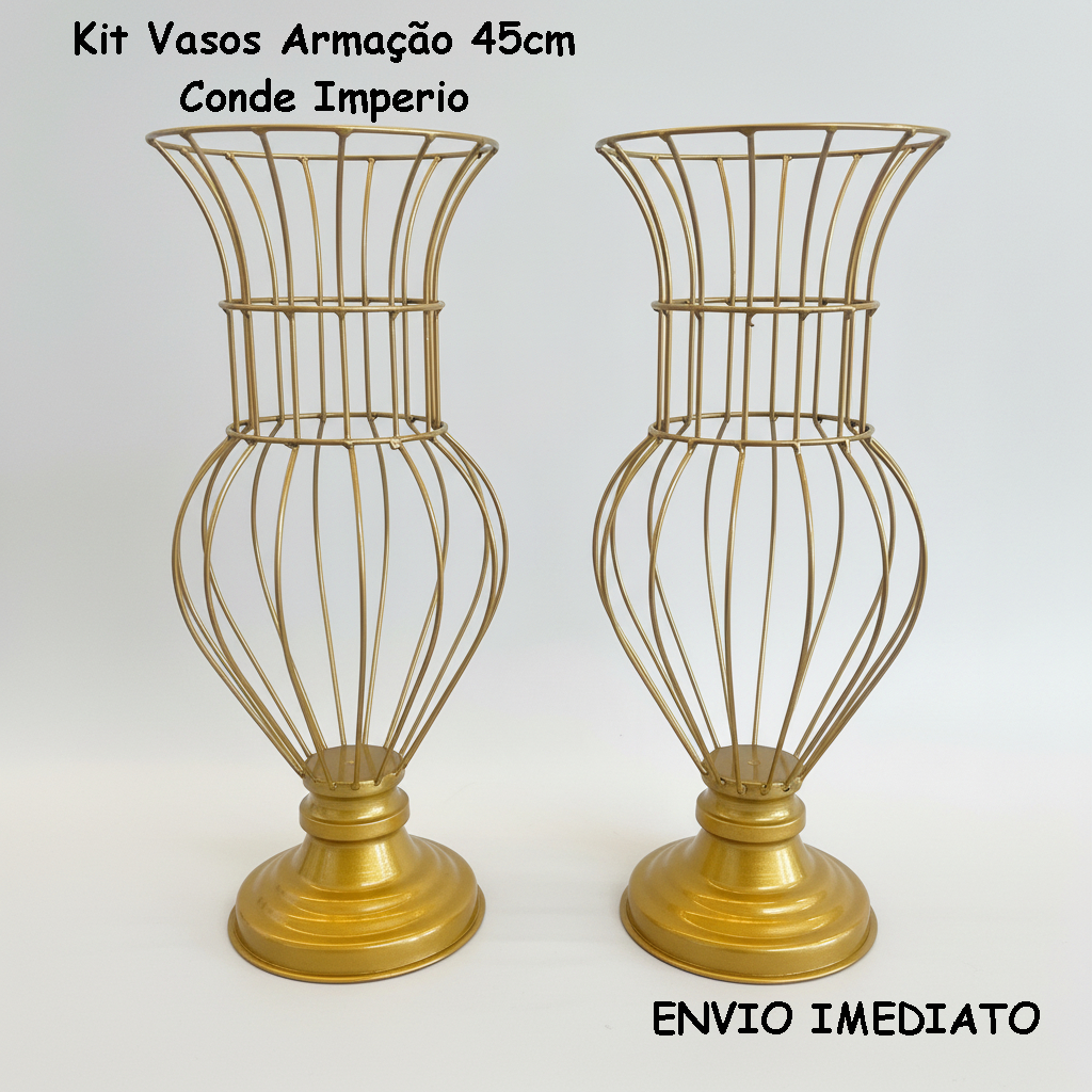 Kit 2 Vasos Dourado Armação Aramado Para Pedrarias Decoração Luxo Festa Casamento Jarros Conde Imperio 45cm