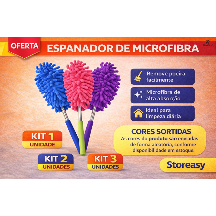 KIT 1/2/3 Espanador de Microfibra Limpeza Doméstica Remove Poeira Multiuso Cabo Resistente Limpeza Prática | Storeasy