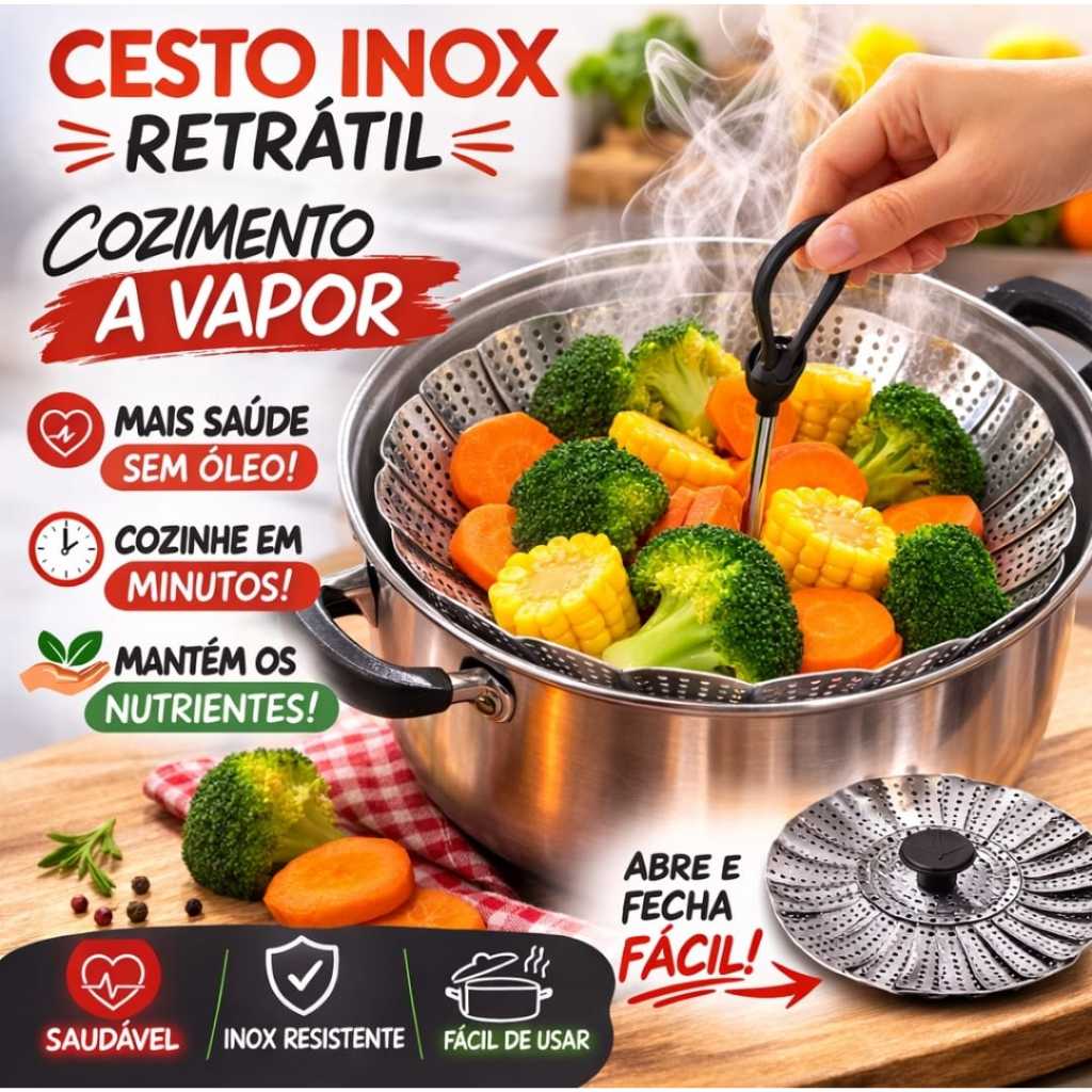 Cesto Inox Retrátil Cozimento a Vapor Para Panela – Legumes Saudáveis Sem Óleo
