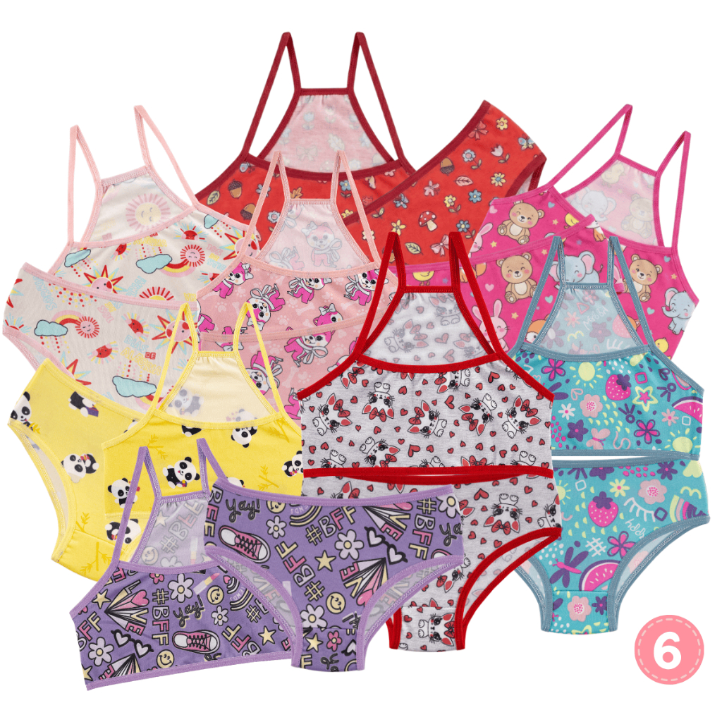 Kit 6 Conjunto Infantil Menina Moça Nadador Estampado Top e Calcinha Microfibra Forro Algodão