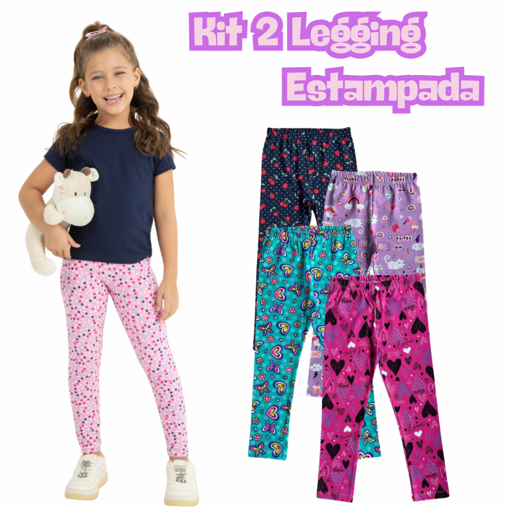 Kit 2 Calça Legging Cotton Estampada Sortido Infantil Juvenil Menina Tamanho 1 ao 16