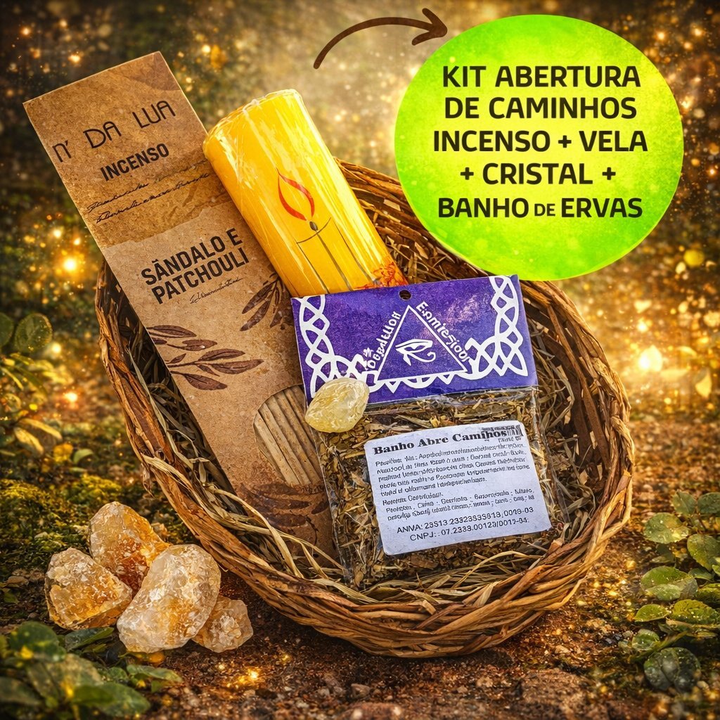 Kit Ritual Prosperidade e Abundância com Cristal, Banho de Ervas, Incenso Artesanal e Vela 7 Dias Abre Caminhos