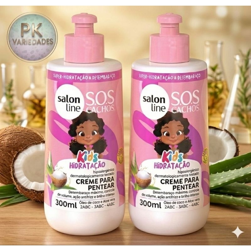 KIT 2 UNIDADES CREME DE PENTEAR SOS CACHOS KIDS HIDRATAÇÃO SALON LINE 300ML CADA