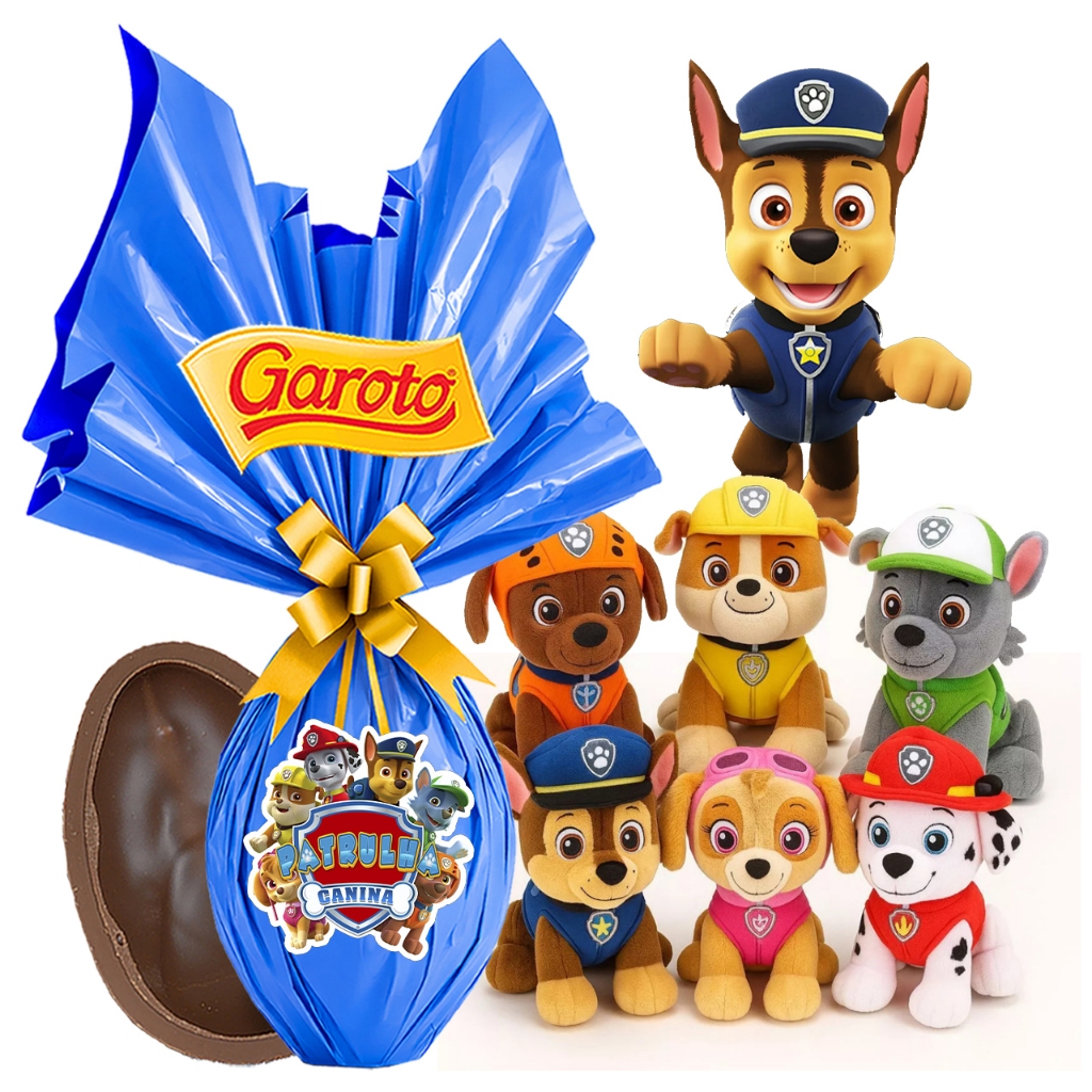 Kit Ovo De Páscoa  Patrulha Canina + Pelúcias Infantil Chocolate Ao Leite Premium Brinde Brinquedo em Oferta na Shopee