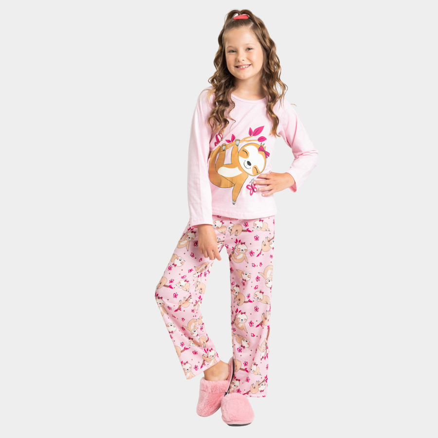 Pijama Longo Infantil Menina Bicho Preguiça no Galho e Borboletas