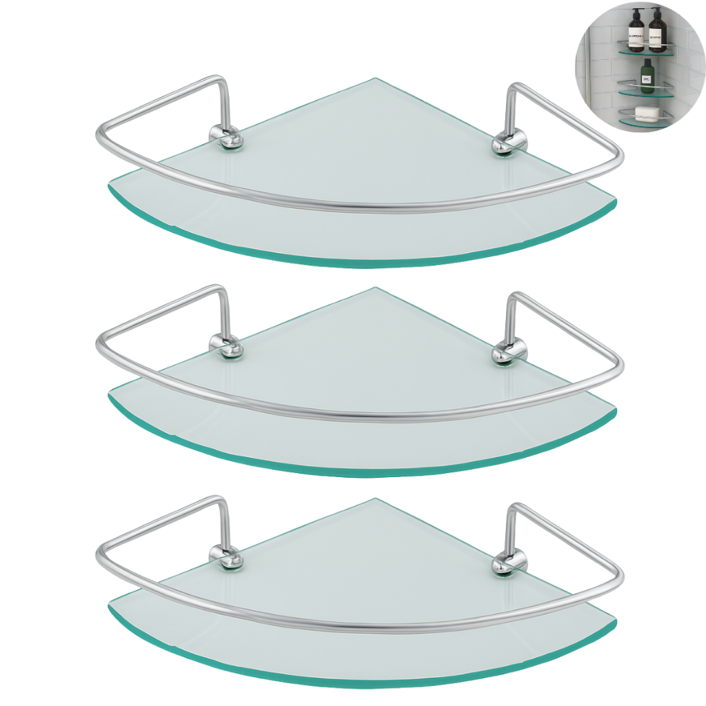 Kit 1 a 3 Porta Shampoo Canto Prateleira Vidro Para Banheiro Cozinha Organizador De Box em Oferta na Shopee