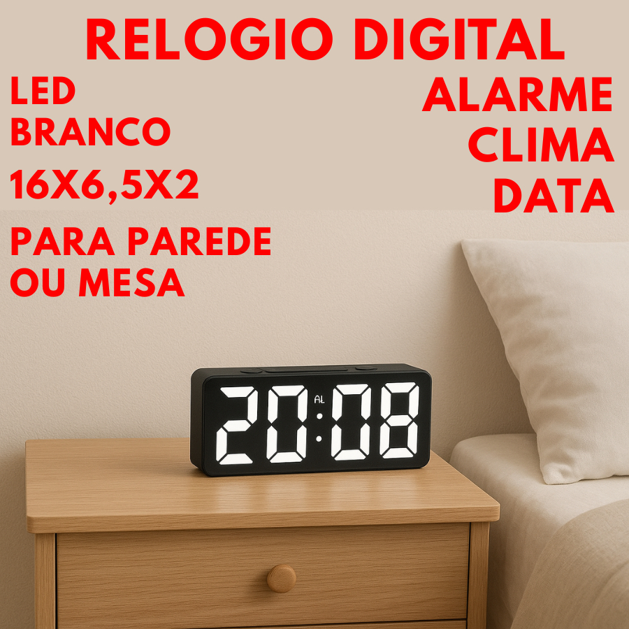 Relogio De Led Digital 16X6,5X2 Data Temperatura Alarme Leds Brancos Para Mesa E Parede