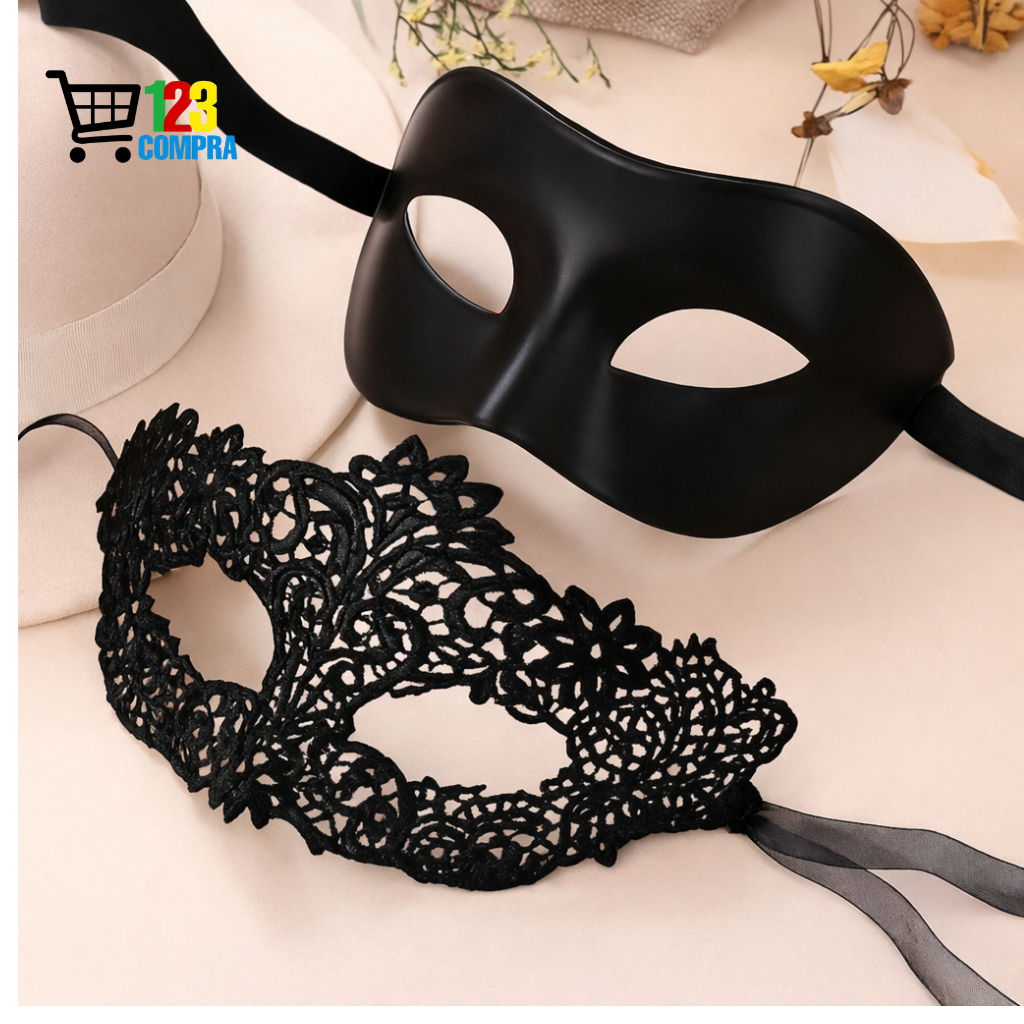 Kit 2 Máscaras de Festa para Casal - Renda e Plástico (Preto)