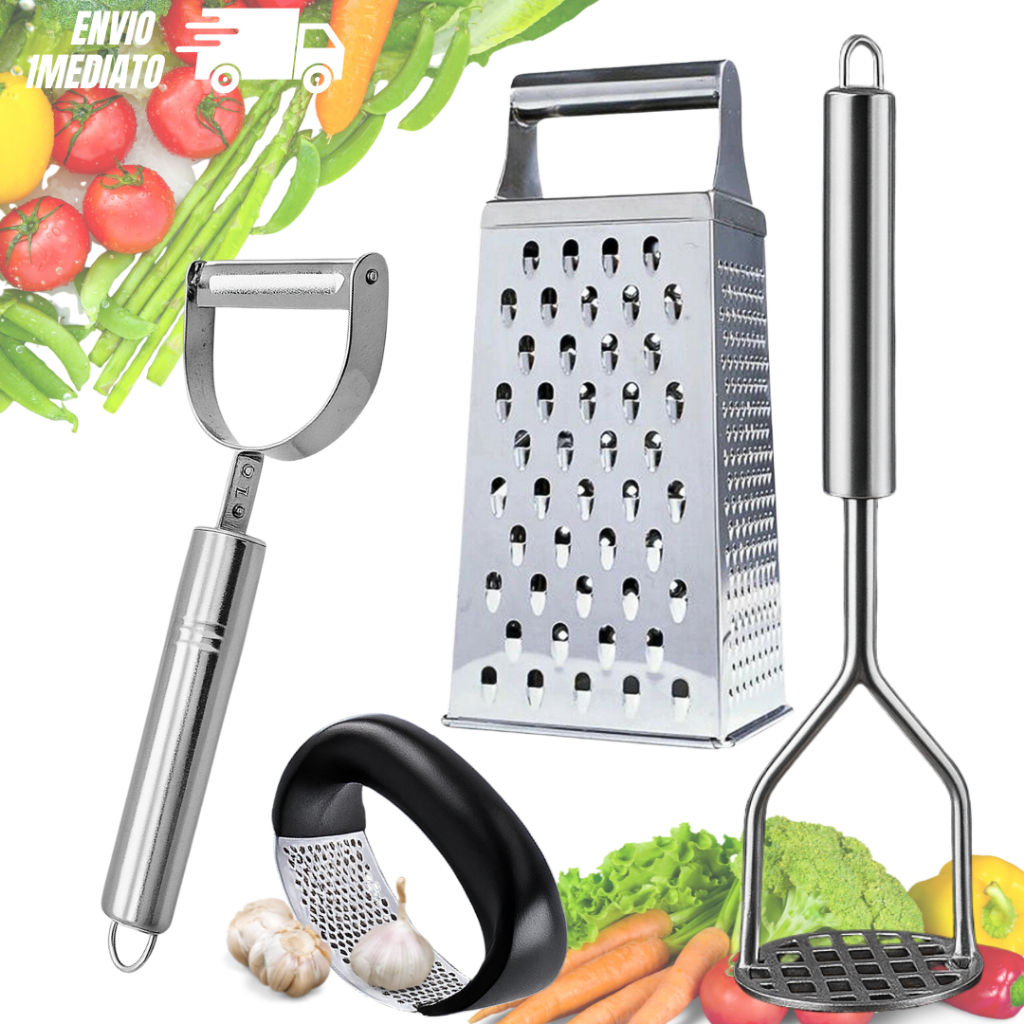 Kit 4 Utilidades Ralador Inox+ Amassador de Batata+ Alho+ Descascador 3em1 Casa Cozinha