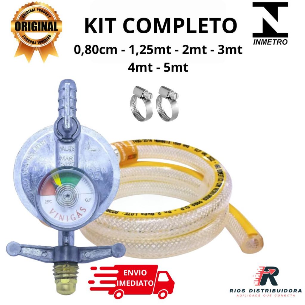 KIT REGULADOR DE GÁS COM VISOR MANÔMETRO VINIGÁS 1KG COM MANGUEIRA E ABRAÇADEIRAS