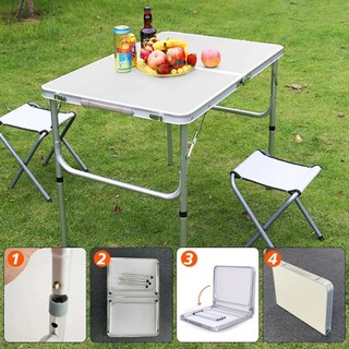 Kit Mesa Dobrável Portátil Vira Maleta Camping Churrasco 90X60cm com 2 Banquinhos Dobráveis Brancos