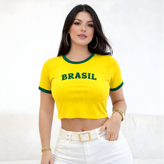 Cropped Brasil Tecido Canelado Premium Camisa Seleção Brasileira Copa Do Mundo Moda Verão em Oferta na Shopee