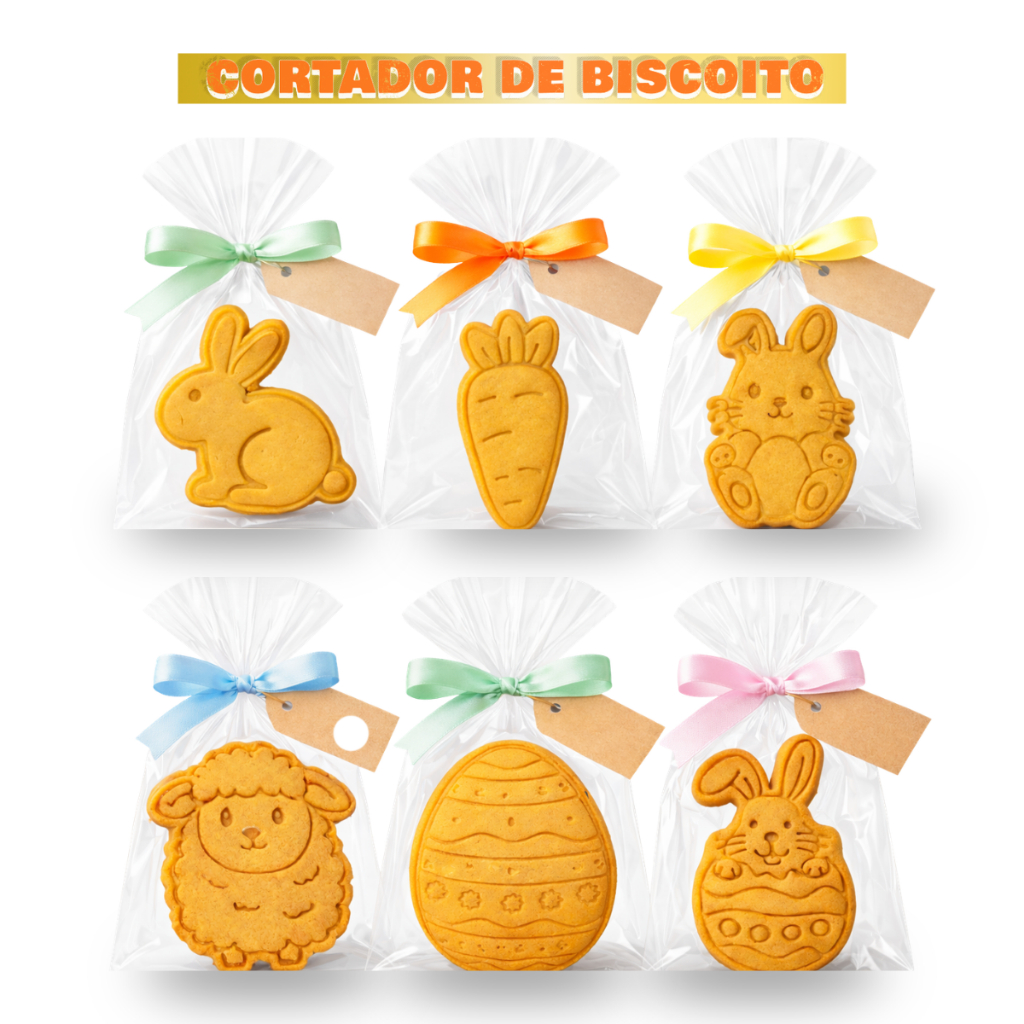 Kit Cortadores Temáticos de Páscoa para Biscoitos Infantis 6 Peças com Cortador e Marcador interno