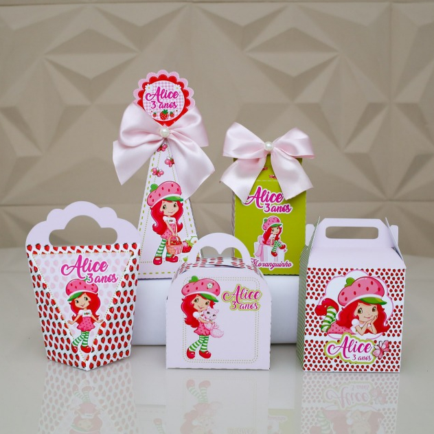 PEGUE E MONTE - kit Festa Personalizados MORANGUINHO Lembrancinhas Caixinhas de aniversário para festa
