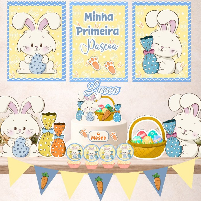Kit festa Páscoa Personalizado Minha Primeira Páscoa Menina Coelho Ovos De Pácoa Menino