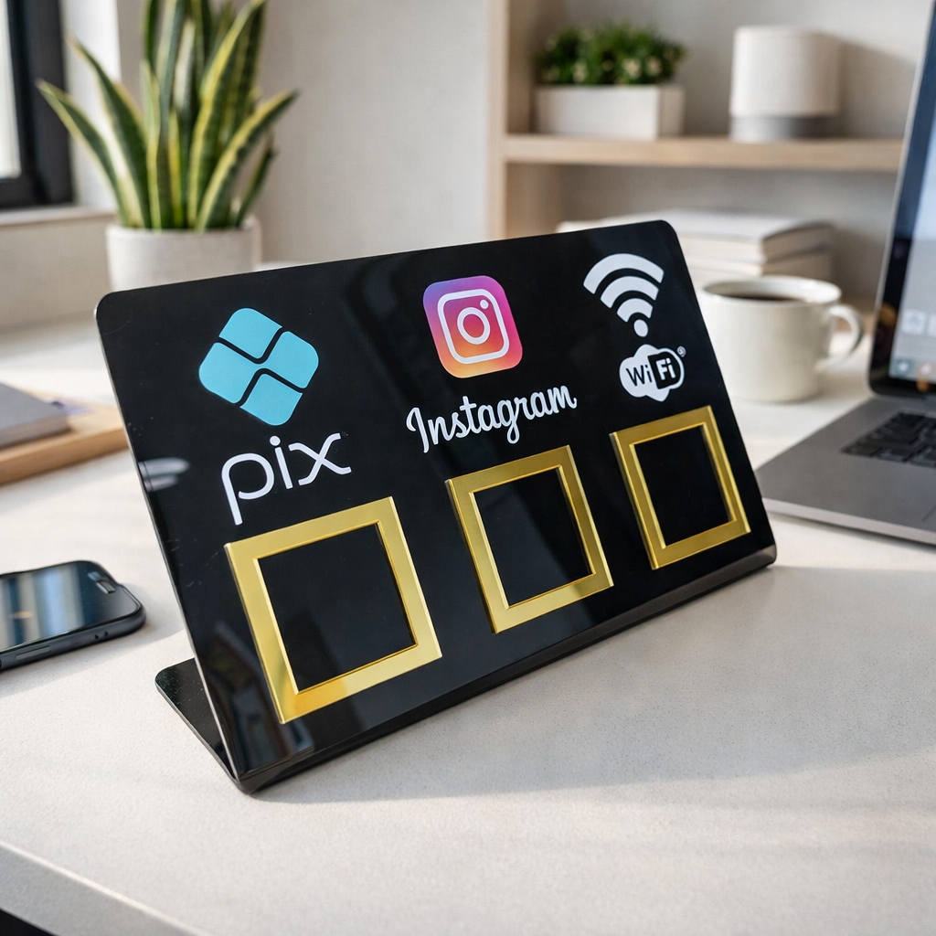 Placa Pix Acrílico 3 em 1 - Instagram Wi-fi Pagamento via Pix QR Code