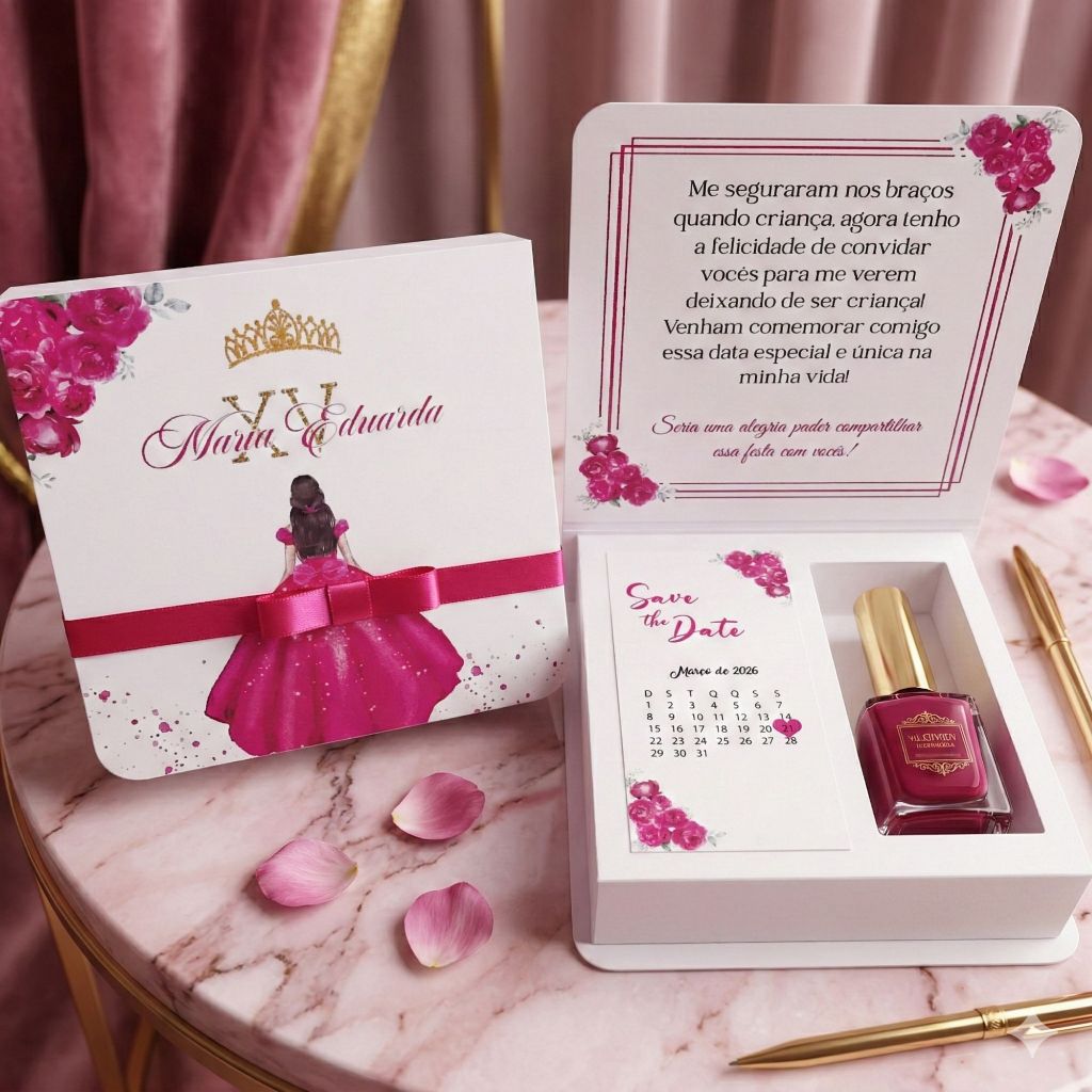 Convite 15 Anos Debutante Caixa Damas e Príncipe Pink  - Caixa para esmalte