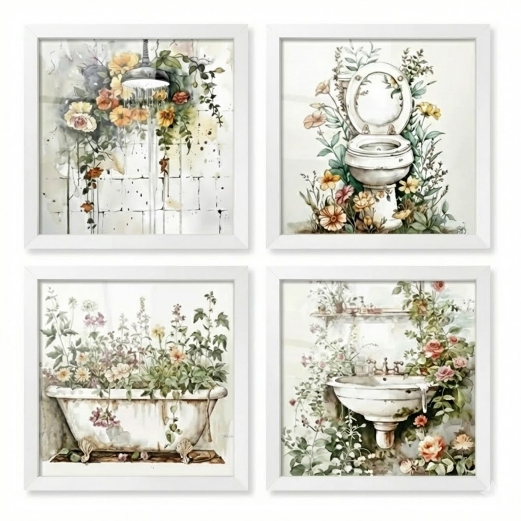Kit 4 quadros 18x18 cm decorativos, banheiro, lavabo, florido, luxo, moldura e vidro em Oferta na Shopee