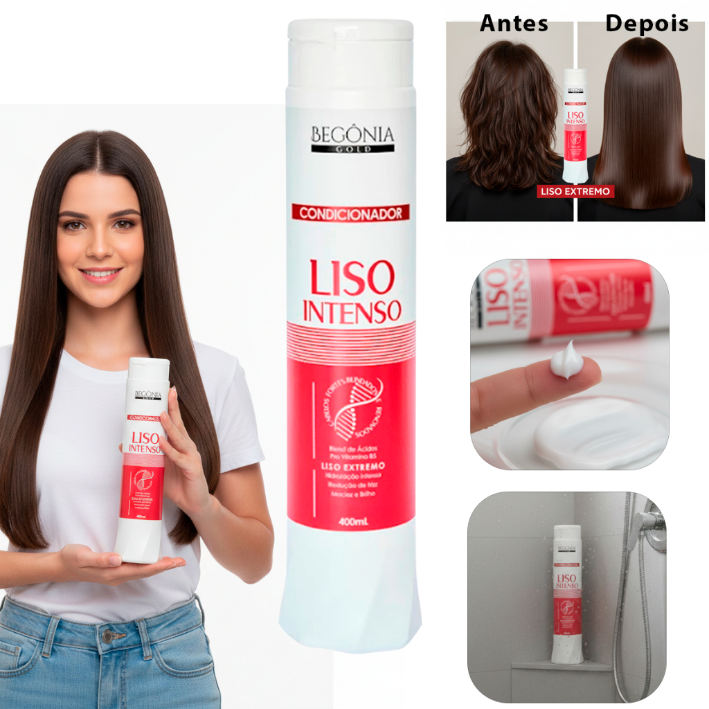 Condicionador Liso Intenso Begônia Gold 400ml – Hidratação Profunda, Reduz Frizz e Dá Brilho Extremo