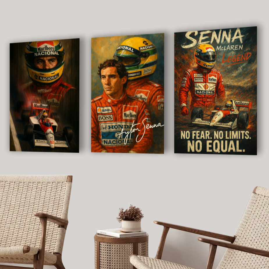 Quadro Decorativo Ayrton Senna Formula 1 Carro Corrida Brasil Nacional Para Parede Decoração Sala Quarto 3 peças