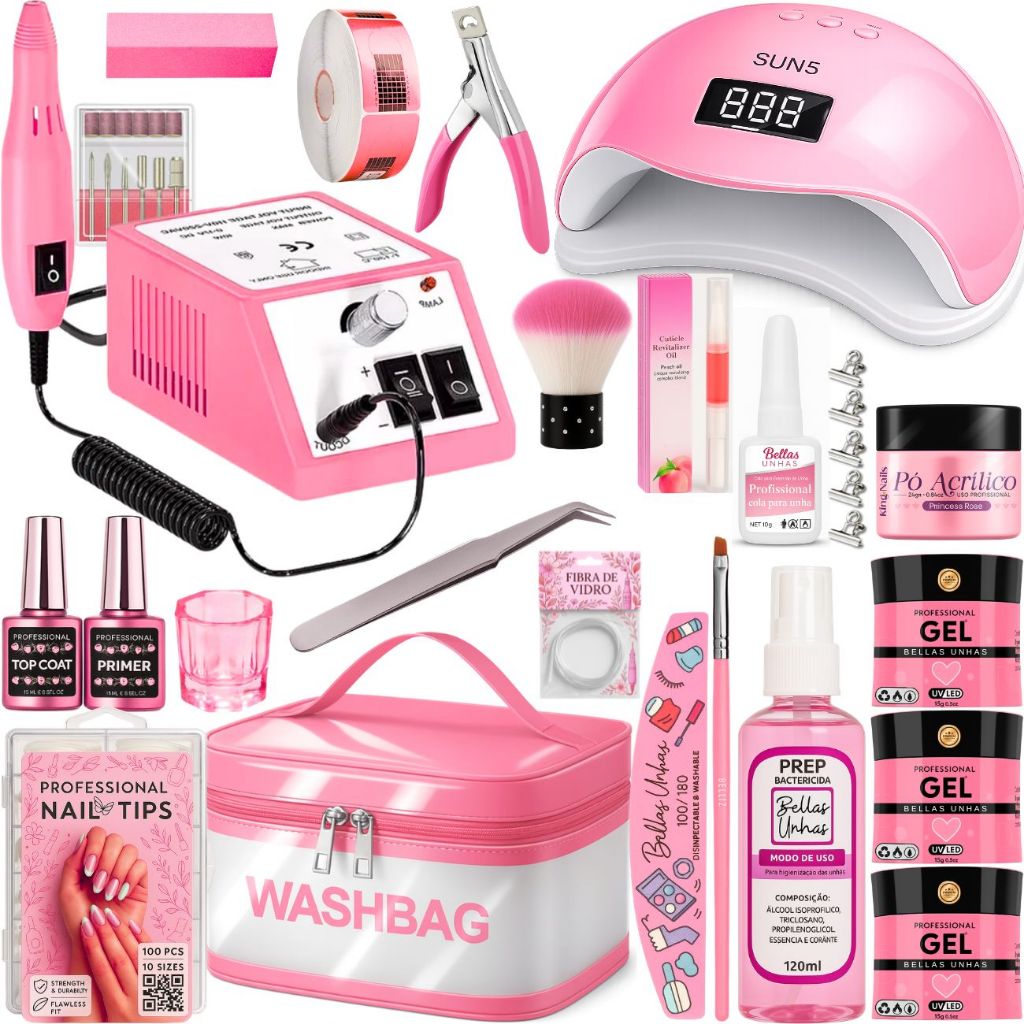 Kit Alongamento Unha Gel Profissional Lixadeira Mercedes e Cabine Led Uv Necessaire - Envio Imediato