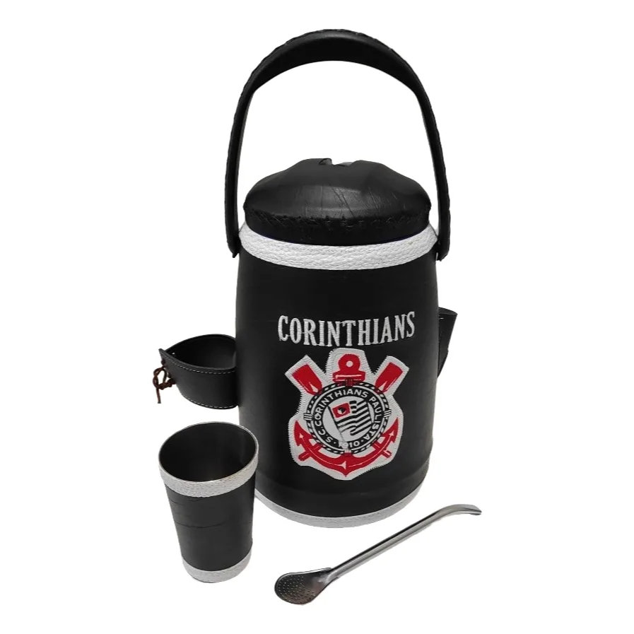 Garrafa Termica Corinthians 2,5 litros p/ Terere Revestida Couro c/ Copo e Bomba