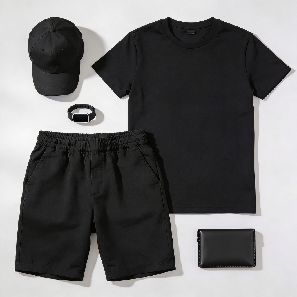 Camiseta Básica + Bermuda Confort + Carteira Masculina+Boné+Smatband Kit Masculino 5 Peças – | Look Masculino Moderno