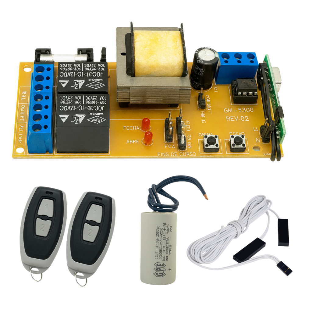 Kit Placa Central de Motor Portão Eletrônico GK520,  Capacitor 12uf,  2 Controles Configurados e Fim de curso PPA