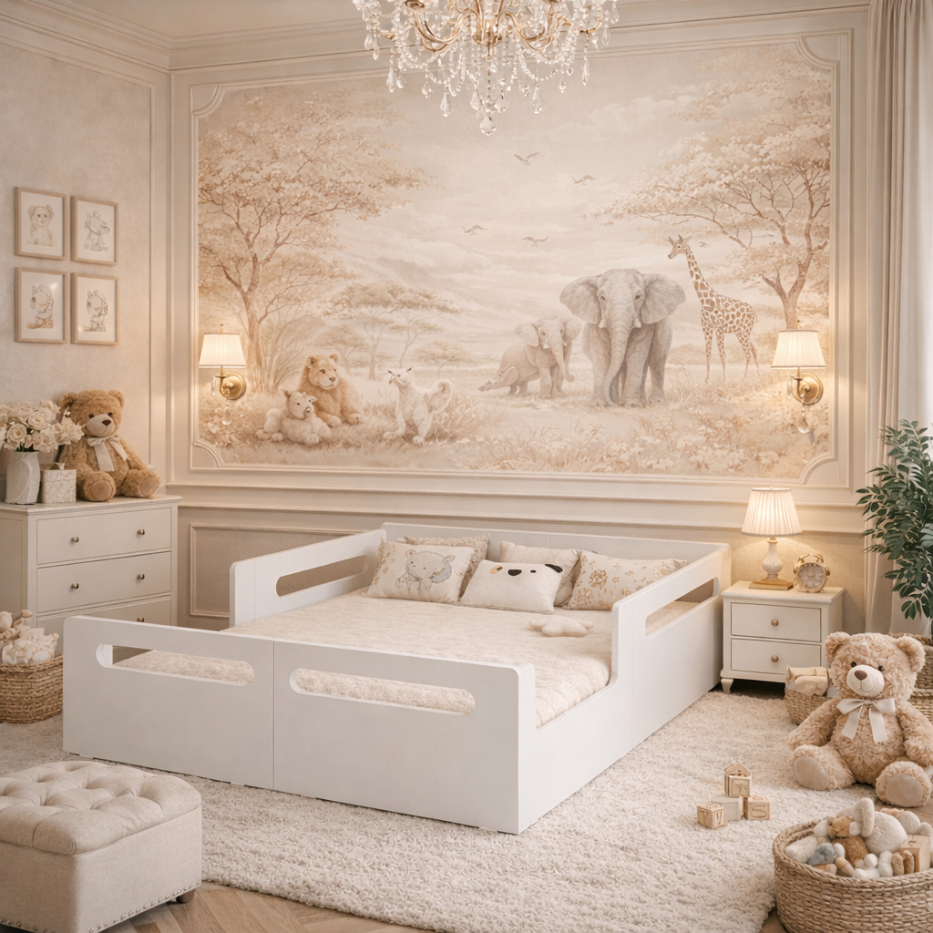 Cama Montessoriana Infantil Branca Casal Grade De Proteção Para Quarto de Criança