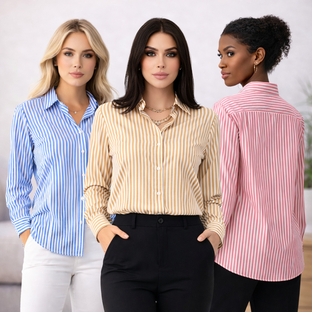Camisa Social Listrada Feminina  Manga Longa Camisa Botão Tecido Crepinho Elegante Casual P ao GG