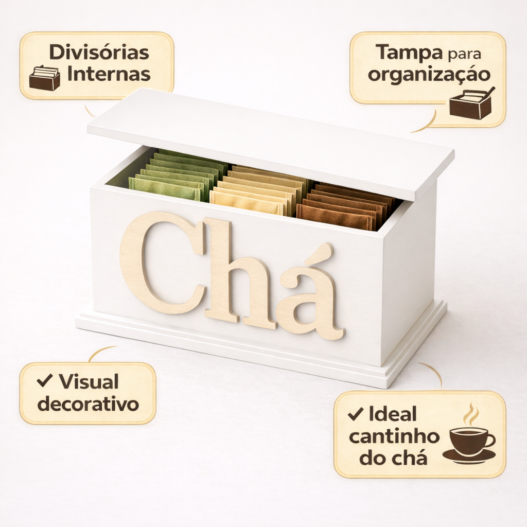 Caixa Chá Em MDF Branco Copm Divisórias Cantinho Do Café