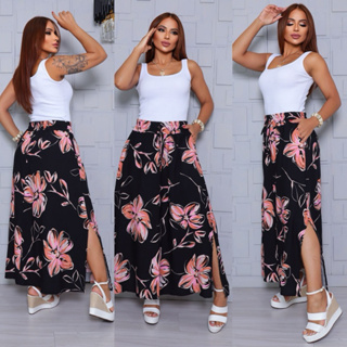 Saia Longa Viscolinho Fendas Laterais com Bolsos em Oferta na Shopee