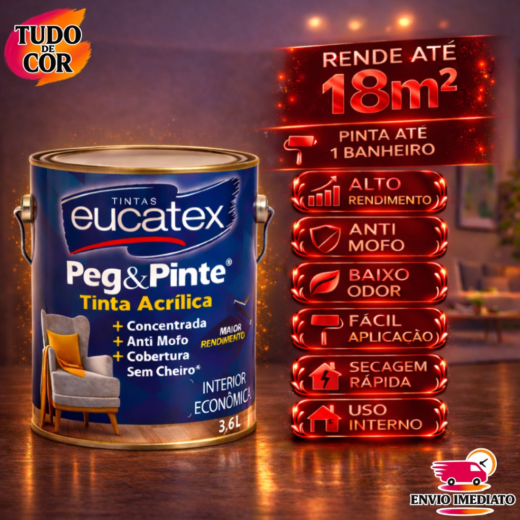 Tinta para Parede Pegue e Pinte Acrílica Eucatex 3,6 Litros, Anti Mofo, Sem Cheiro, Interna