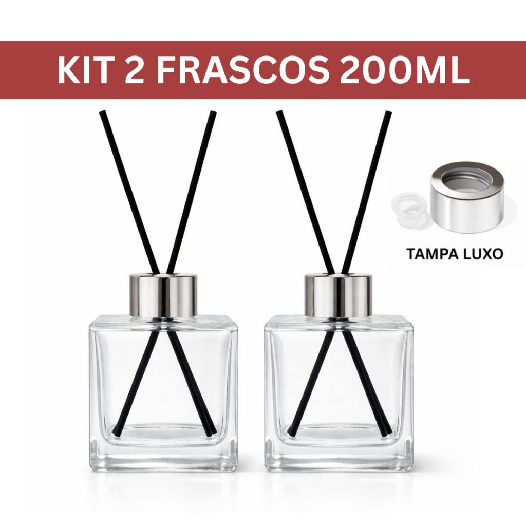 Kit 2 Frasco de Vidro 200ml para Aromatizador de Ambiente Cubo Tampa Luxo Varetas