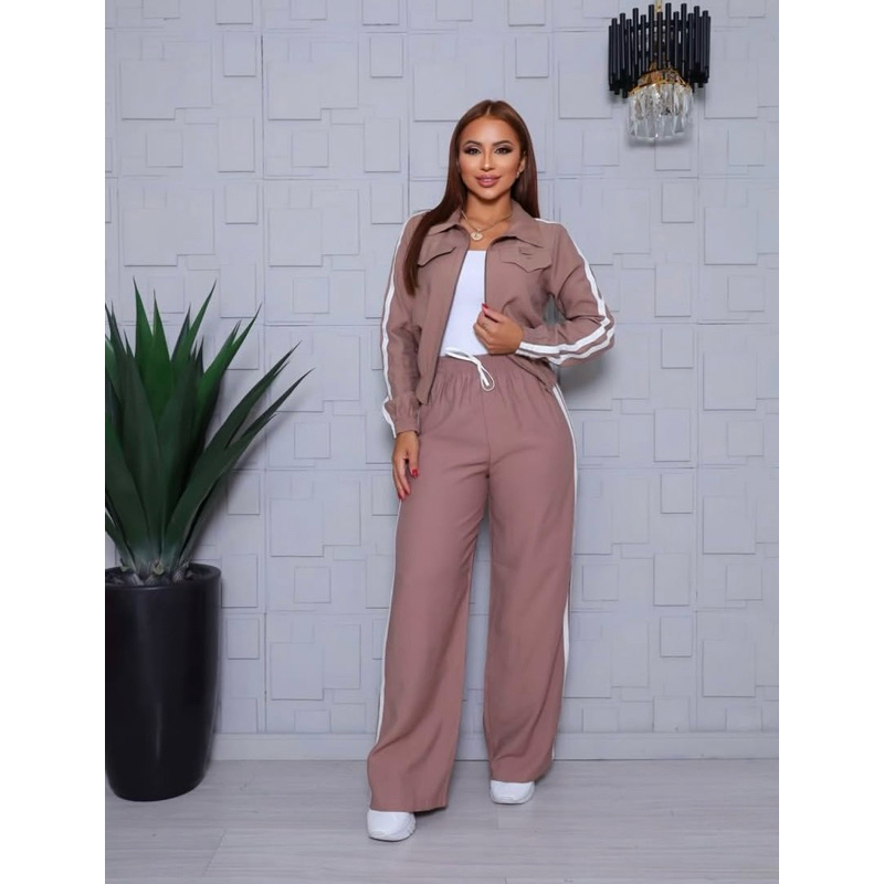 Conjunto Feminino Sensorial Inverno Jaqueta Zíper e Calça Pantalona Listra Lateral Casual Moda Blogueira Confortável