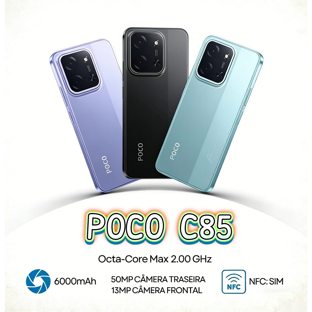 Smartphone Original Xiaomi POCO C85 4G NFC Tela 6.9” 120Hz Bateria 6000mAh Carga Rápid