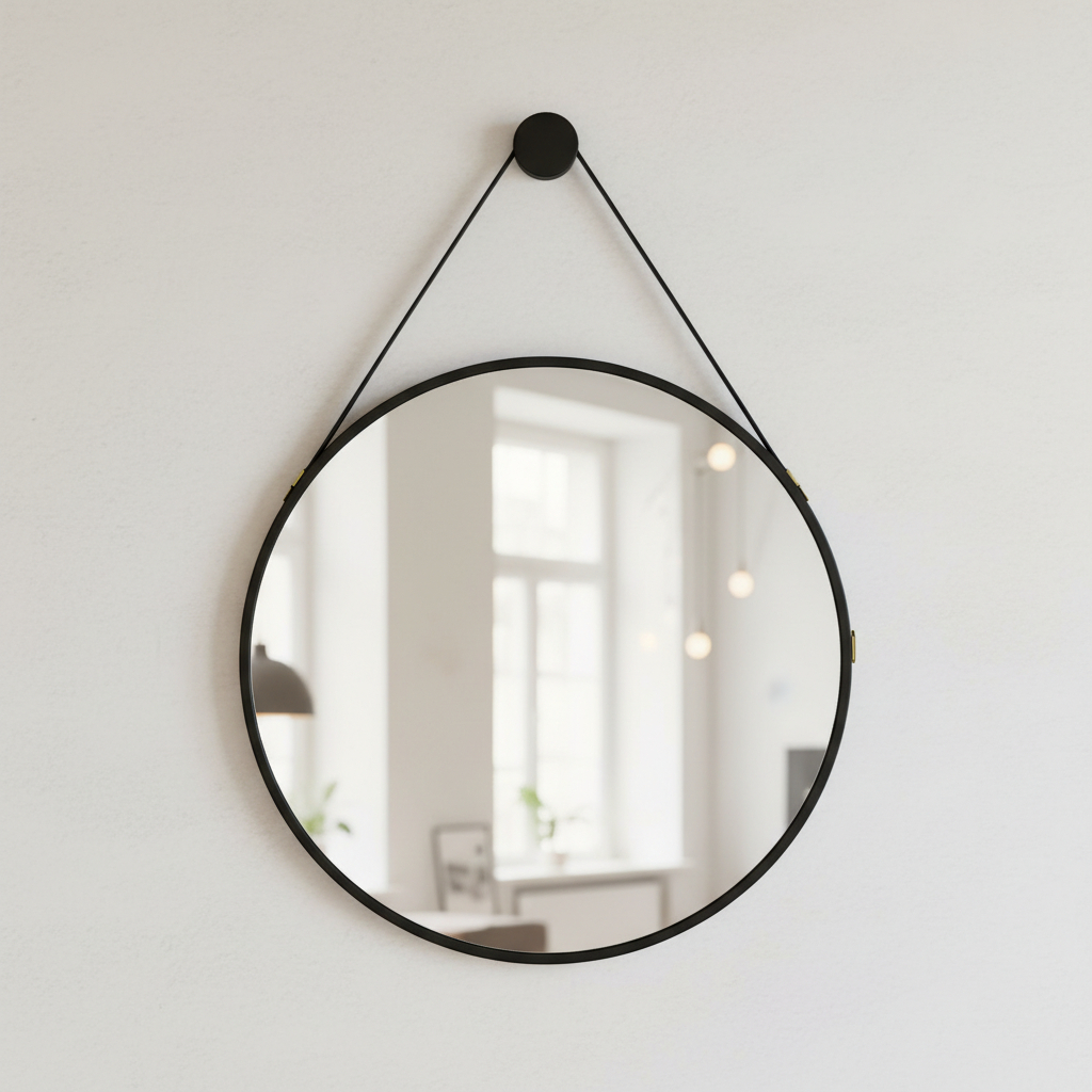 Espelho Adnet Grande 50cm com Moldura Couro Decorativo Redondo para Sala e Banheiro com Alça e Pino