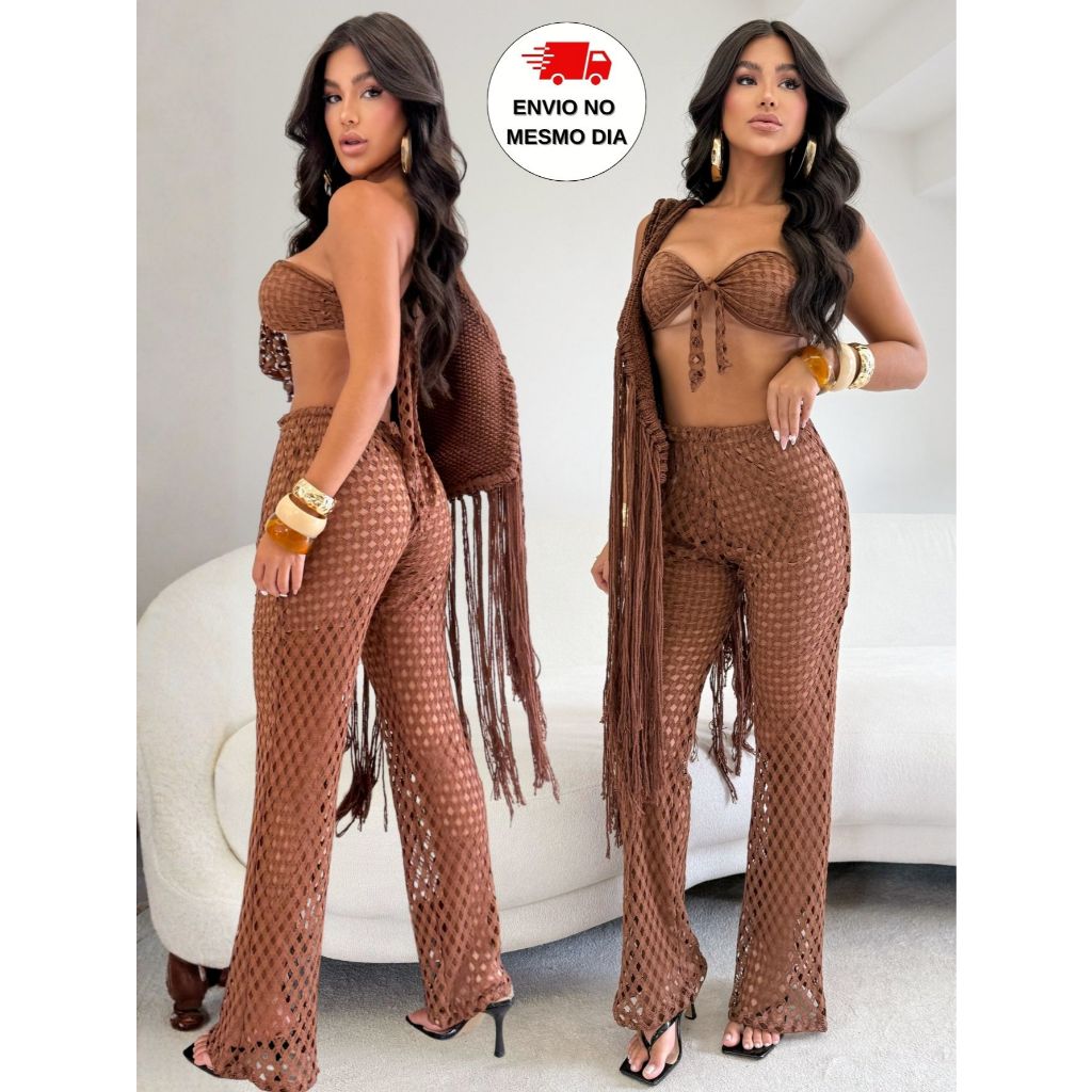 Conjunto Feminino Arrastão Crochê Trançado Premium – Top com Amarração + Calça Vazado | ENVIO IMEDIATO em Oferta na Shopee