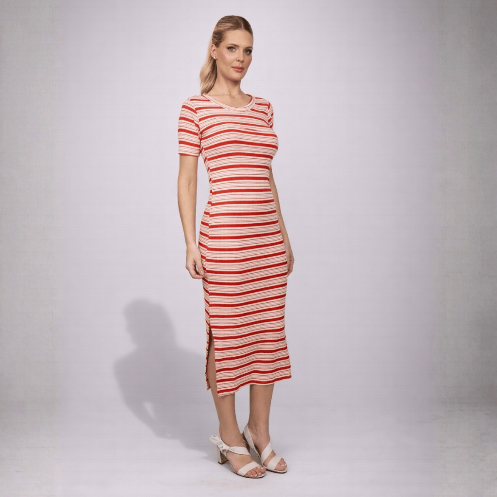 Vestido Feminino Midi Listrado Canelado Manga Curta com Fenda Lateral Elegante Casual Moda Verão