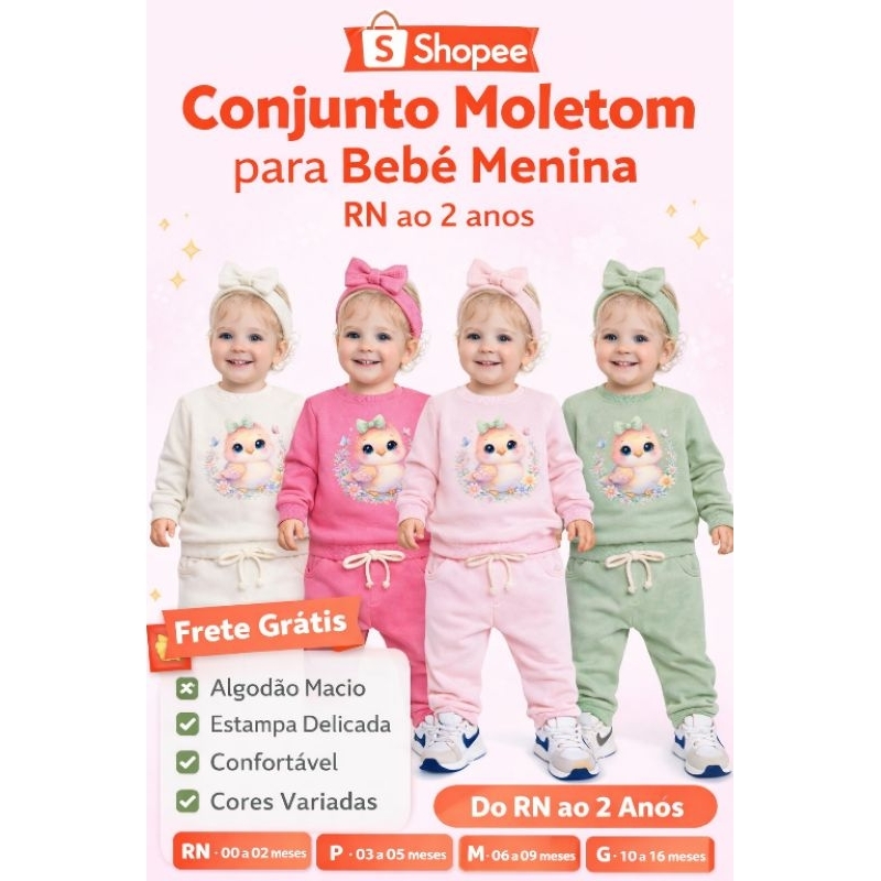 Conjunto de Moletom Bebê Estampado  Com Laço – Menina | Algodão Confortável | RN ao 2 Anos