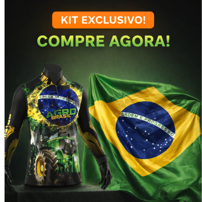 KIT Camiseta + Bandeira do Brasil Camisa Blusa Agro Brasil Trator Com Zíper Proteção Uv50+