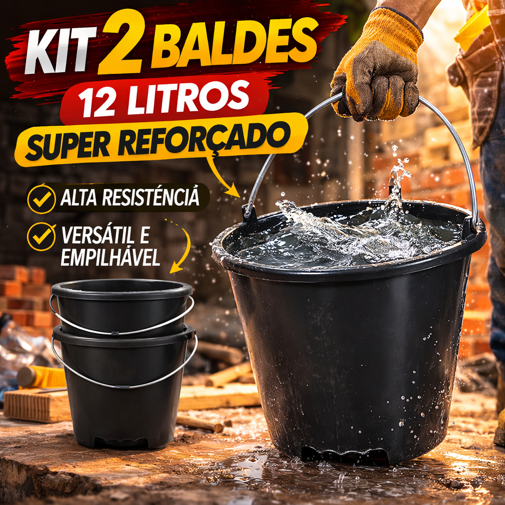 Kit 2 Balde 12 Litros Reforçado com Alça de Ferro Plástico Resistente Limpeza Obra Lavanderia Uso Doméstico