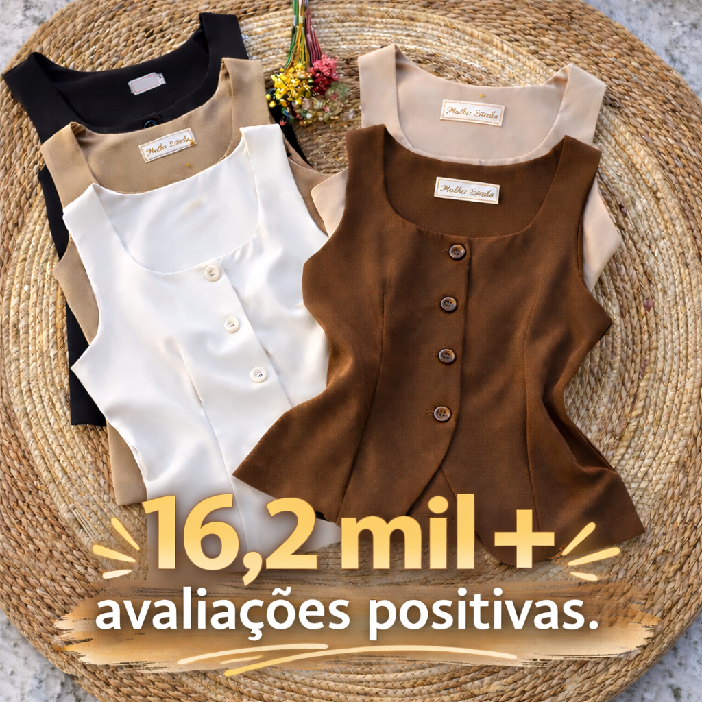 Colete Feminino Alfaiataria Alça Larga Gola Quadrada com Detalhe Aberto– Elegante, Clássic...
