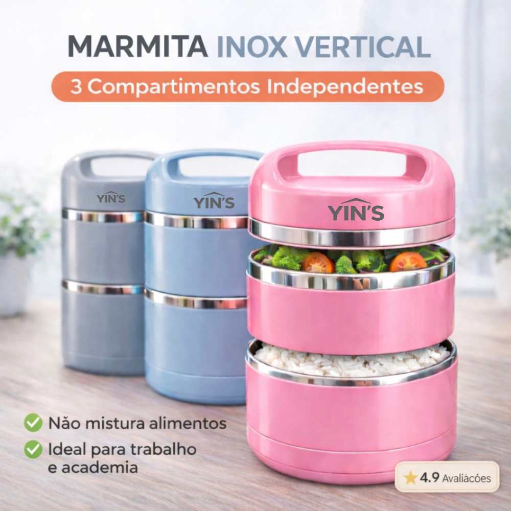 Lancheira Vertical Inox 1080ml 3 Compartimentos Linha Premium - Marmita Portátil com Tampa e Alça em Oferta na Shopee