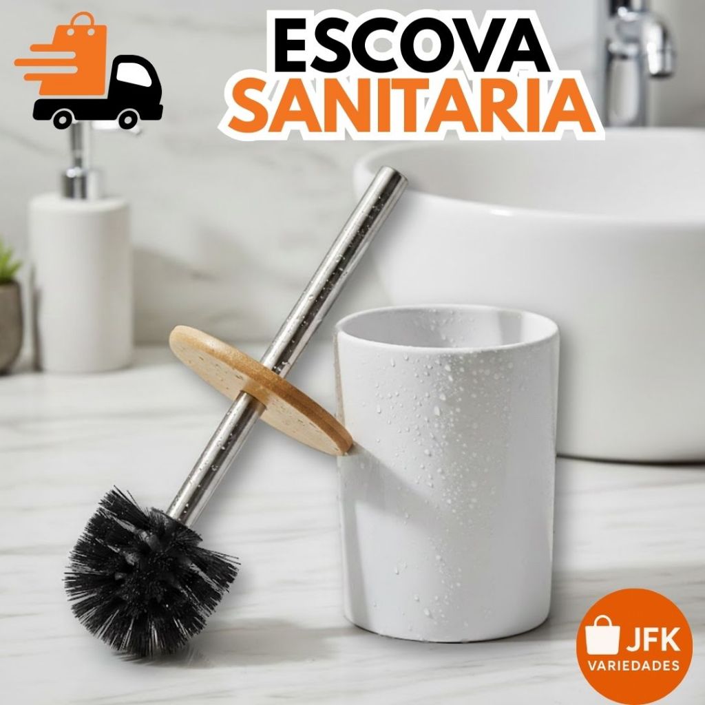 Escova Sanitária Limpeza Banheiro Cabo Metal e Base Branca Design Elegante Higiene Completa para Lavabo Banheiro Social