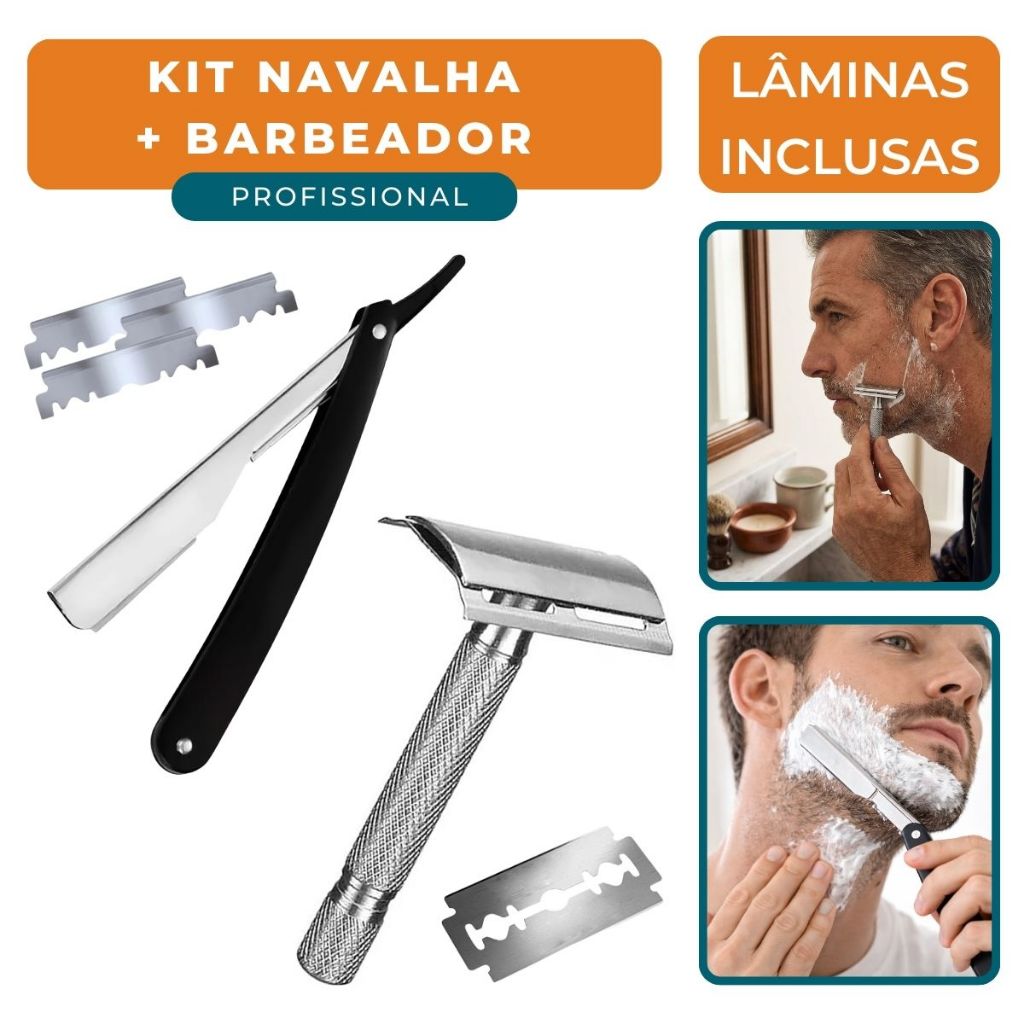 Kit Navalhete + Barbeador Retrô Classico Profissional Barbeiro Com Laminas Acabamento De Cabelo